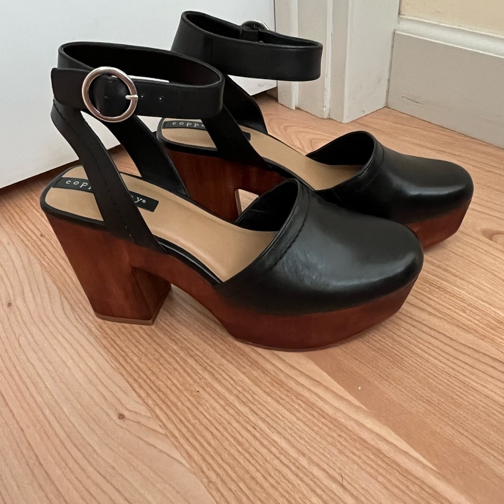 Copper Penny Black Platform Shoes with Chunky Heel